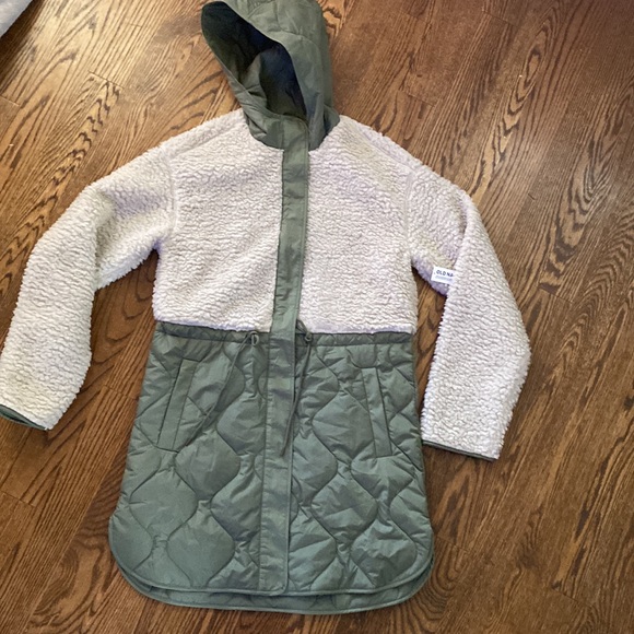 Hooded Sherpa Quilted Hybrid Coat Old Navy green ivory medium Tall MT - Picture 5 of 10
